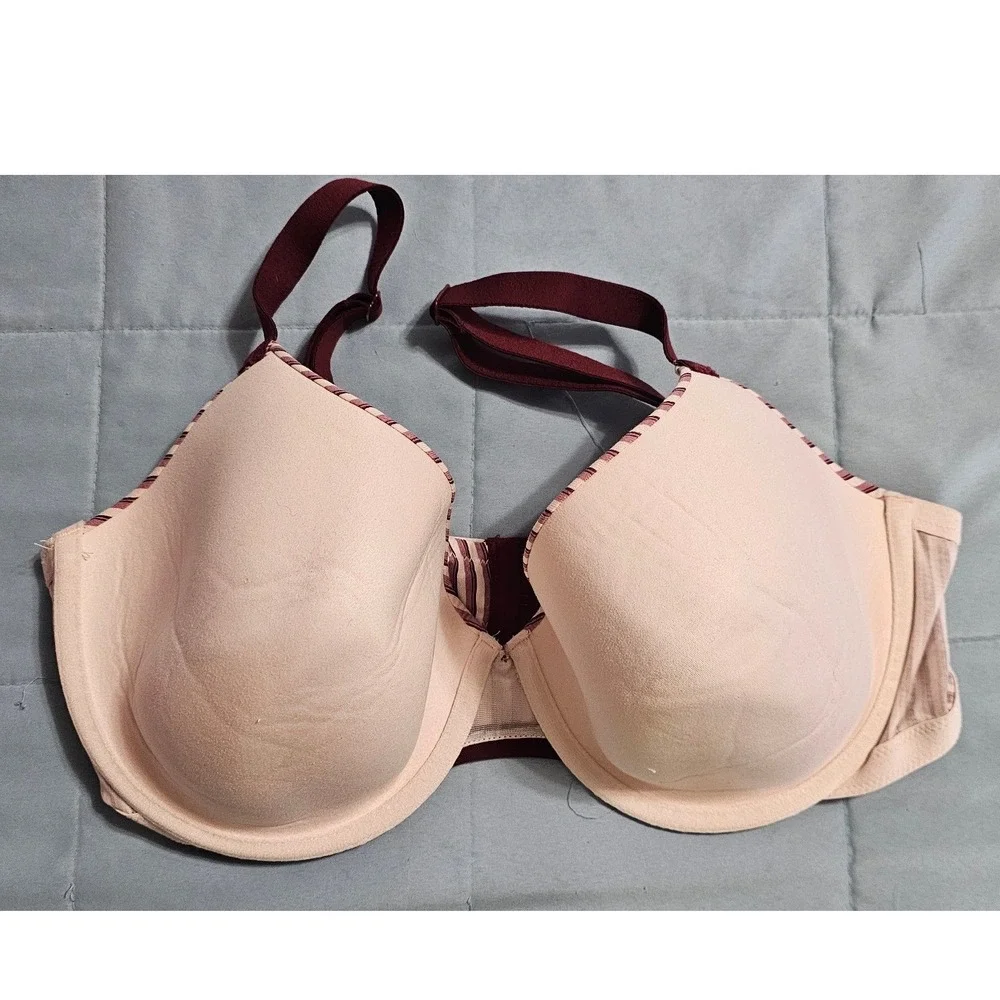 Auden Women 38D Cotton Lightly Lined Demi Bra Burgundy Cream Striped Underwire